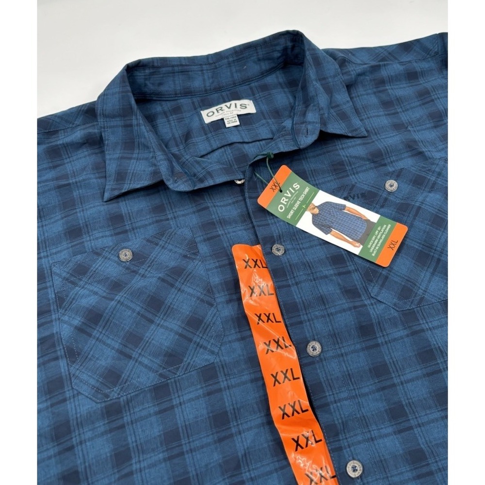 NWT Orvis Men's XXL Tech‎ Blue Plaid Short Sleeve Button Down Shirt